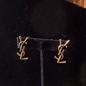 Yves Saint Laurent antique gold tone  YSL Monogram Stud Earrings signed in back